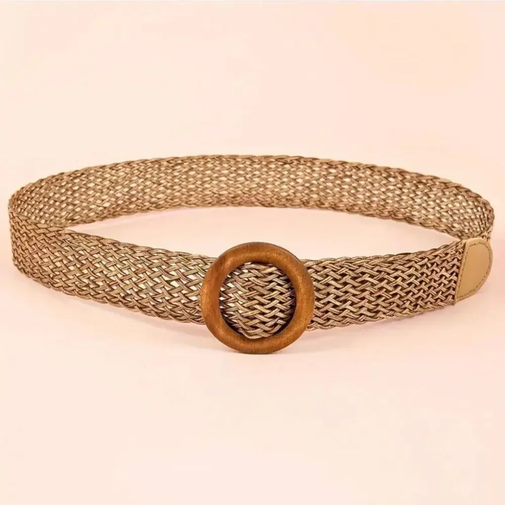 Classic Round Buckle Vegan Straw Belt Boho Brown Braided Wide Belt Fix Size S-L